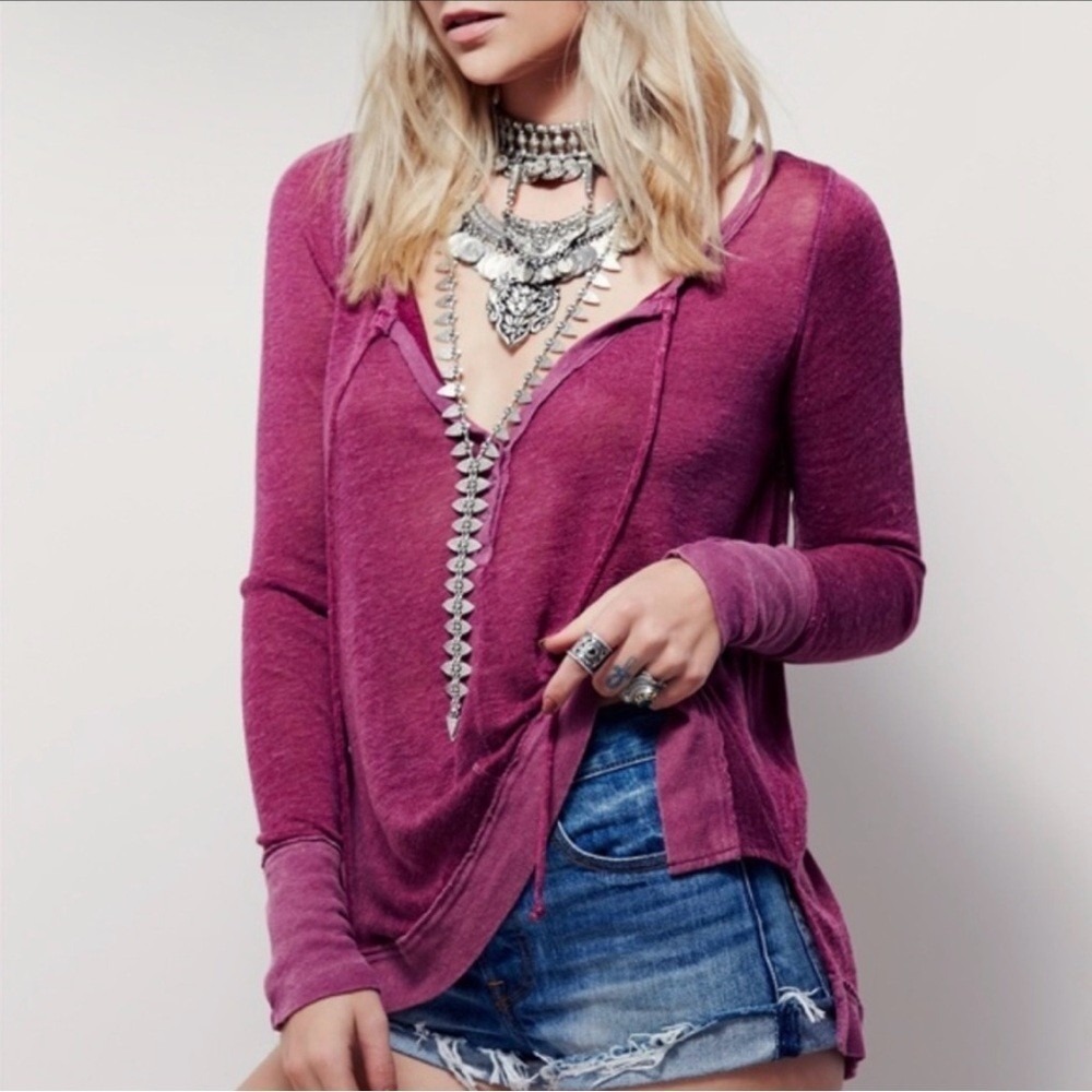 NWT Free People‎  Henley XS Pink  open weave Sleeve Button Tunic  runs big